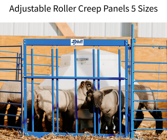 Adjustable Roller Creep Panel for Sheep & Goats | Lamb & Kid Creep Feeding Gate – Item 0470 sheep and goat lambing pen for livestock handling and an