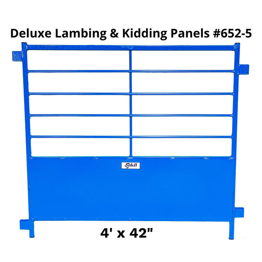 Blue metal livestock panel with horizontal bars and a solid lower section, shown on a white background with text reading 'Deluxe Lambing & Kidding Panels #652-5' and '4' x 42"'.
