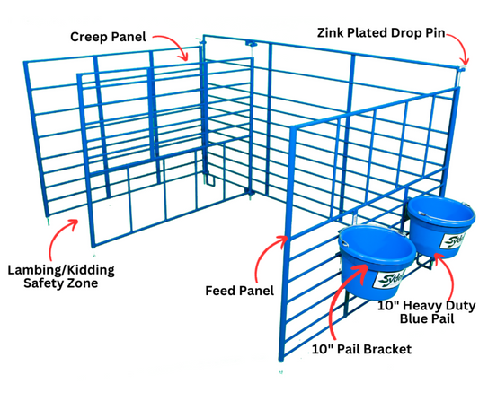 Sydell 0112B Freestanding Add-On Lambing & Kidding Pens
The Sydell 0112B Freestanding Add-On Lambing & Kidding Pen is designed to expand an existing Sydell freestanding lambing and kidding pen system. Built specifically for sheep and goats, these add-on pens make it easy to create an organized row of individual maternity pens as additional lambing or kidding space is needed.
Each add-on includes a Safety Zone for newborn lambs and kids, outside feed and water access for the ewe or doe, and the panels, pai