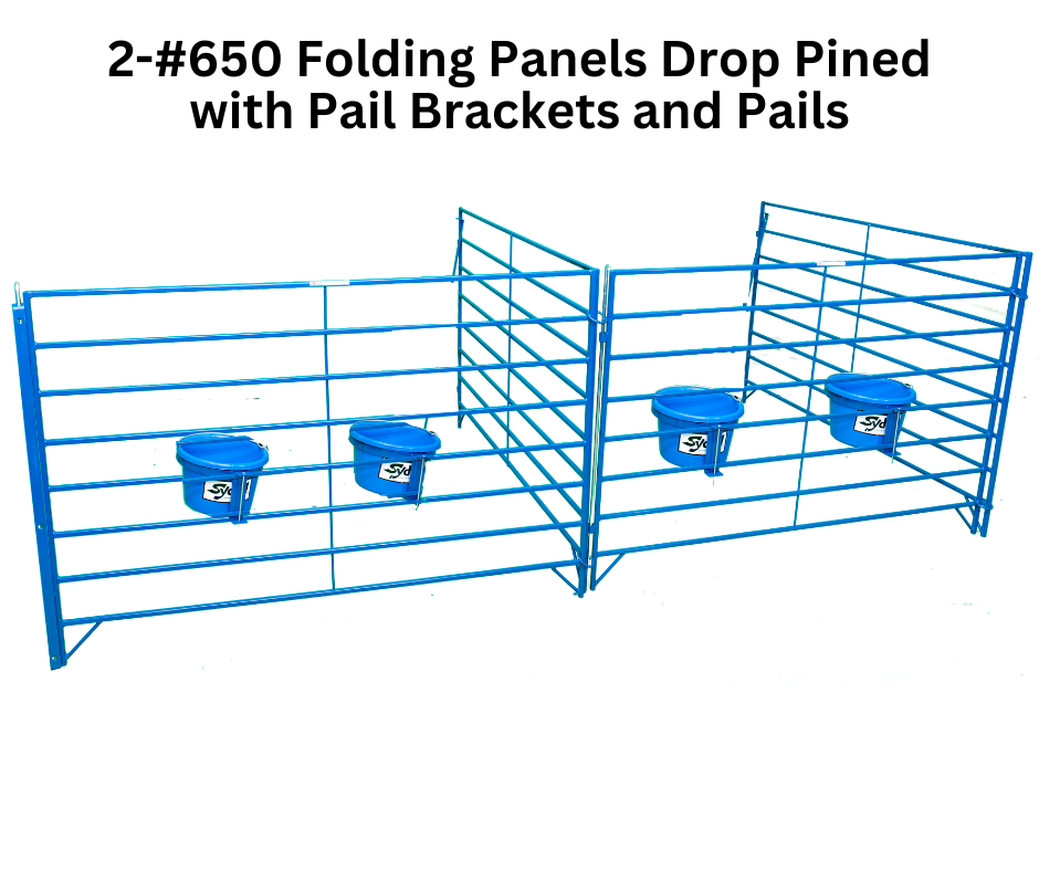Blue metal folding pen panels with integrated blue hanging water buckets, shown on a white background with black text at the top reading '2-#650 Folding Panels Drop Pined with Pail Brackets and Pails'.