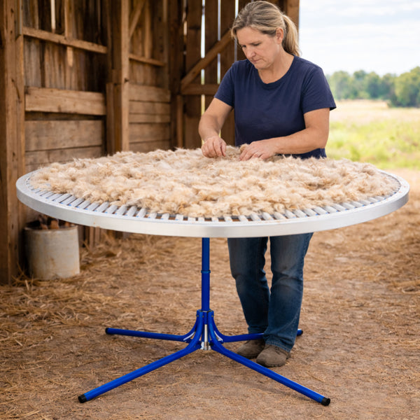 Sydell wool skirting tables provide a sturdy, elevated surface for sorting, skirting, and evaluating sheep fleeces after shearing.