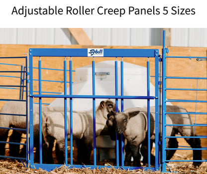 Adjustable Roller Creep Panel for Sheep & Goats | Lamb & Kid Creep Feeding Gate – Item 0470 sheep and goat lambing pen for livestock handling and an