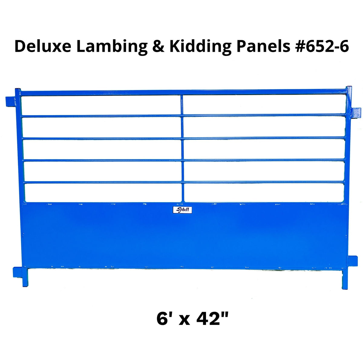 Blue metal fencing panel with horizontal bars and a solid lower section, shown on a white background with text reading 'Deluxe Lambing & Kidding Panels #652-6' and '6' x 42"'.