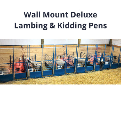 Text reading 'Wall Mount Deluxe Lambing & Kidding Pens' above a photo of a blue metal pen setup with several sheep inside on a hay-covered floor in a barn.