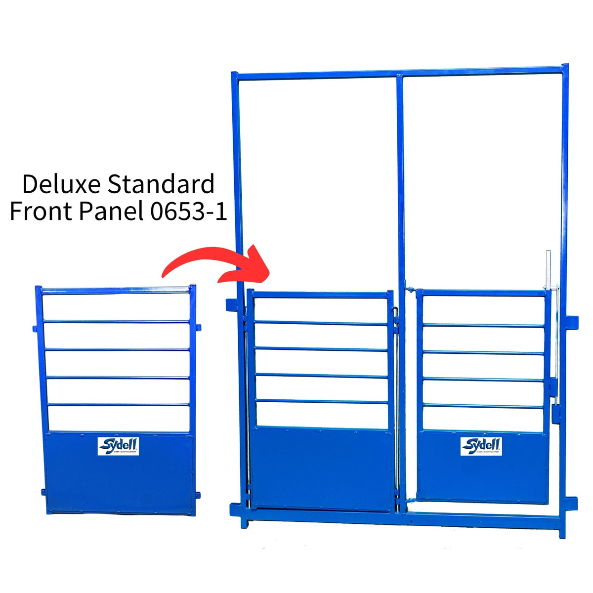 Designed for Deluxe Lambing & Kidding Pens

The 0653-AHG forms the front of Sydell’s Deluxe Lambing & Kidding Pen system. The reinforced arched frame adds strength and overhead clearance while providing an easy-access gate for daily animal care.

The front panel is designed for use with Sydell’s interchangeable 0653 pin-in panels, allowing producers to change the function of the pen as management needs change throughout lambing and kidding season.