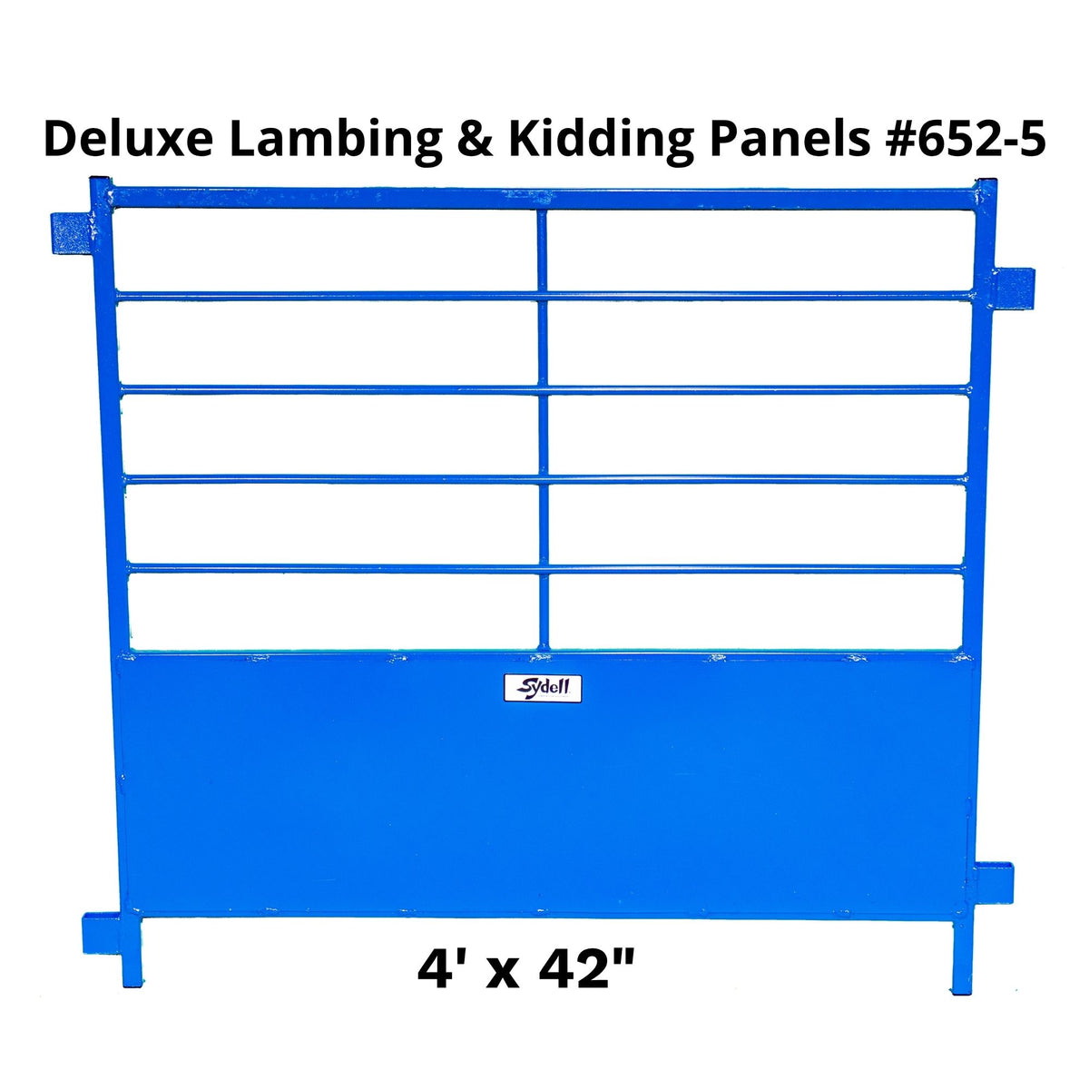 Blue metal livestock panel with horizontal bars and a solid lower section, shown on a white background with text reading 'Deluxe Lambing & Kidding Panels #652-5' and '4' x 42"'.