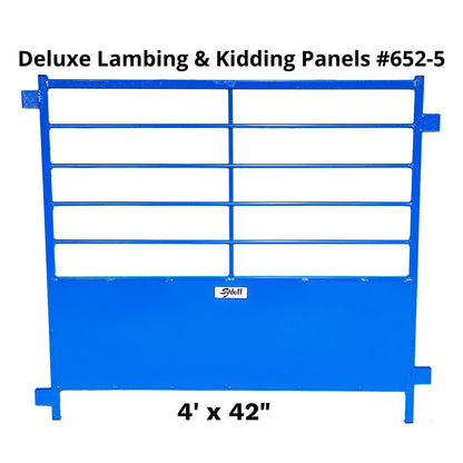 Blue metal livestock panel with horizontal bars and a solid lower section, shown on a white background with text reading 'Deluxe Lambing & Kidding Panels #652-5' and '4' x 42"'.