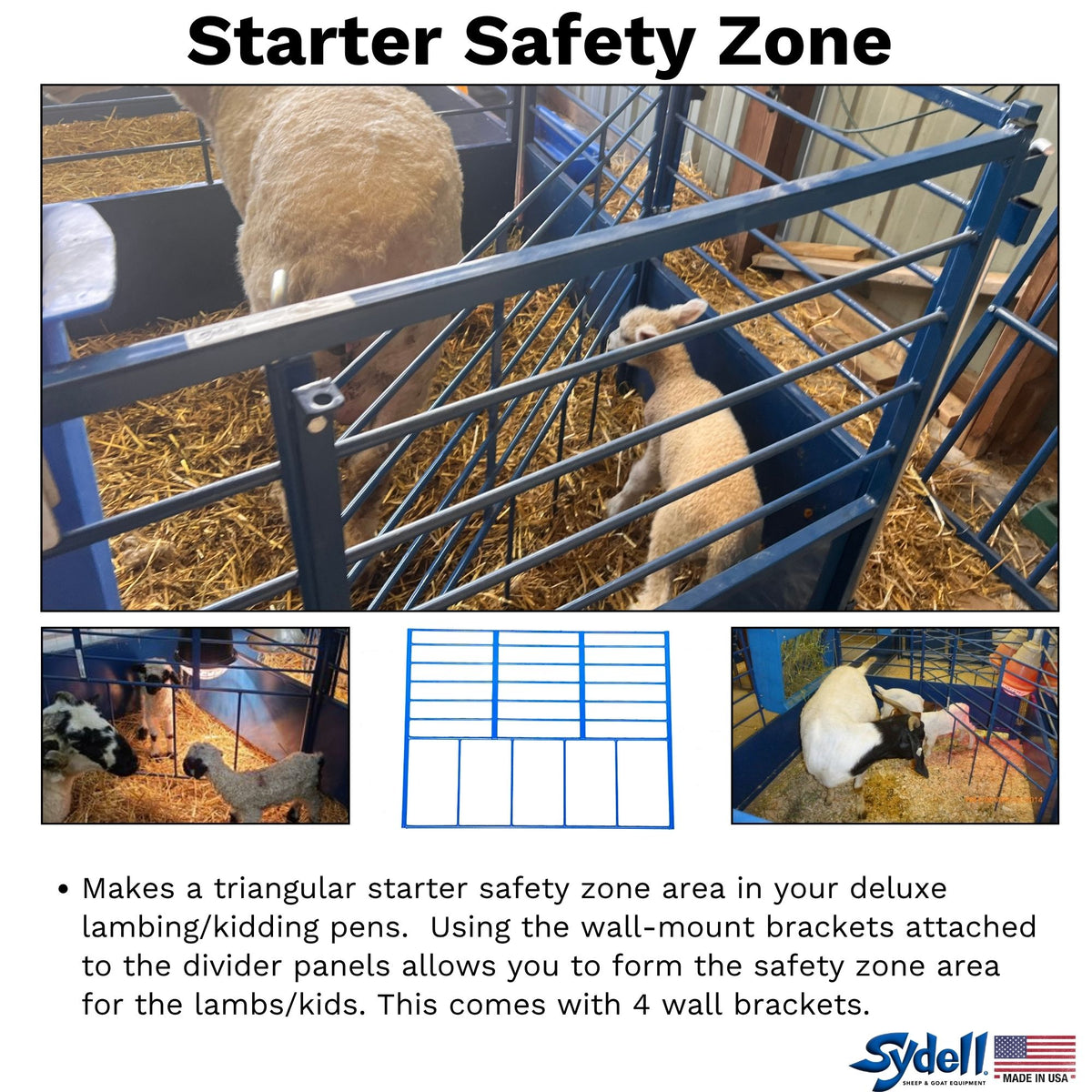 Promotional graphic for a Sydell 'Starter Safety Zone' lambing/kidding pen bracket system. The top panel shows a blue metal safety fence installed around a pen with sheep inside.