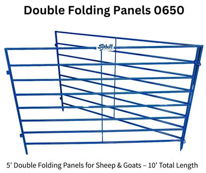 Blue metal double folding livestock panels with diagonal support bars, shown on a white background with text reading 'Double Folding Panels 0650' and '5' Double Folding Panels for Sheep & Goats – 10' Total Length.'.