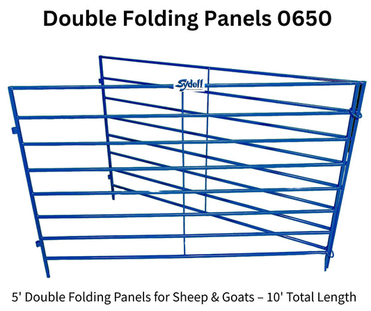 Blue metal double folding livestock panels with diagonal support bars, shown on a white background with text reading 'Double Folding Panels 0650' and '5' Double Folding Panels for Sheep & Goats – 10' Total Length.'.