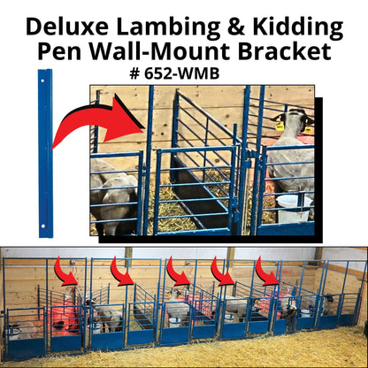 Promotional graphic for a Deluxe Lambing & Kidding Pen Wall-Mount Bracket (# 652-WMB), showing a blue metal mounting bracket and several blue pens with sheep inside, plus red arrows indicating installation/use.