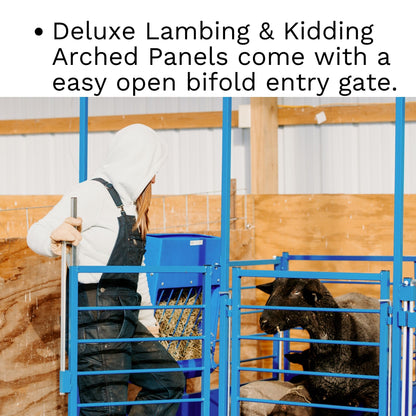 The Deluxe Arched Front Gate is designed for convenient everyday access during busy lambing and kidding seasons.

Bidirectional door swings in either direction
Extended 5 in handle provides an easy grip
Easier to operate while wearing work or winter gloves
Provides convenient access for feeding, bedding, observation, and newborn care
Helps producers enter and exit pens efficiently while working around ewes, does, lambs, and kids