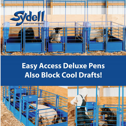 Sydell Sheep & Goat Equipment Easy Access Deluxe Pens with blue metal pens and visible goats inside, plus a large promotional text banner across the center.