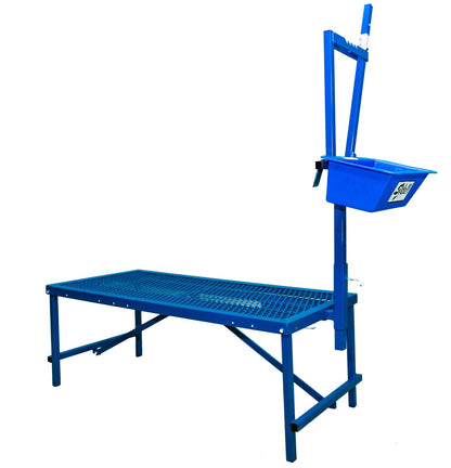 Detail view of hay feeder connection and adjustable components for sheep and goats