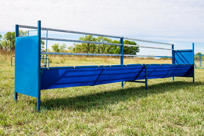 Detail view of hay feeder connection and adjustable components for sheep and goats