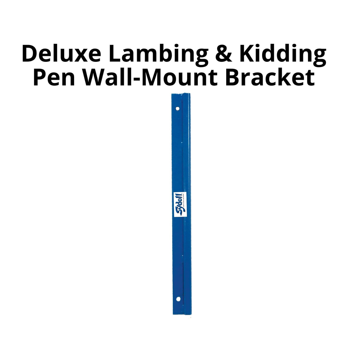 A blue metal wall-mount bracket for a pen, shown vertically on a white background with black text reading 'Deluxe Lambing & Kidding Pen Wall-Mount Bracket.' The bracket has a visible SKILL logo near the center.
