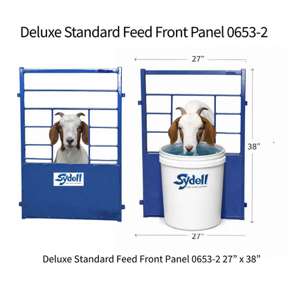 Blue Sydell Deluxe Standard Feed Front Panel shown in two views on a white background, with a goat visible through the gate and dimension labels indicating 27 by 38 inches.