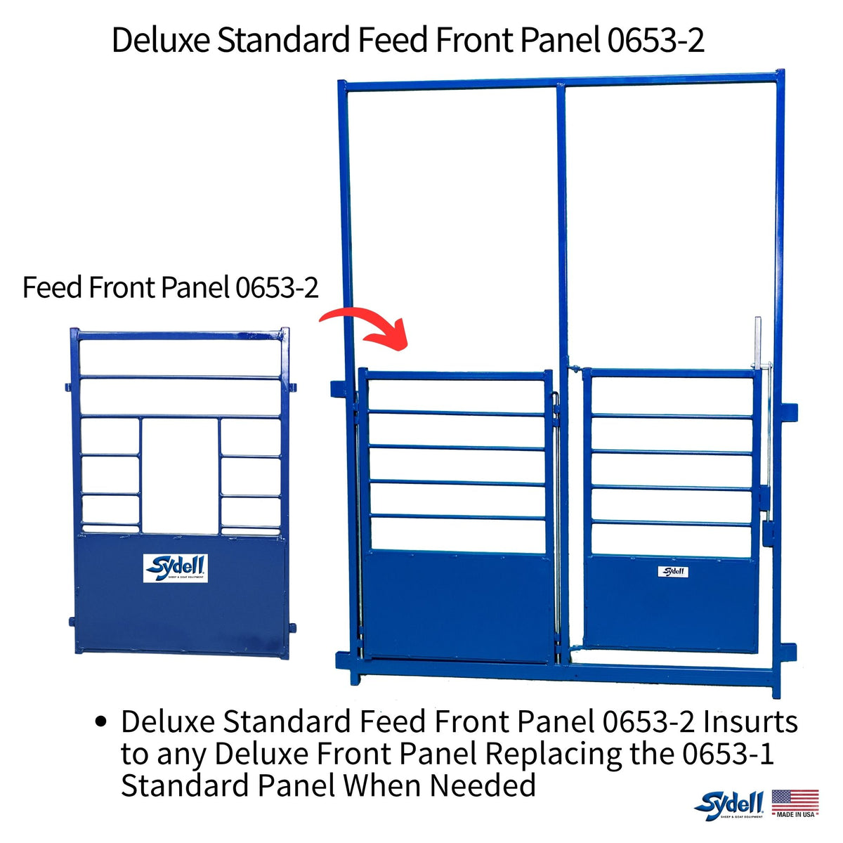 Blue metal livestock gate panel shown in a before-and-after comparison on a white background, with text identifying it as the Deluxe Standard Feed Front Panel 0653-2 and an arrow indicating it replaces the 0653-1 standard panel.