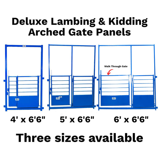 Three blue arched gate panels shown side by side with text reading 'Deluxe Lambing & Kidding Arched Gate Panels' and size labels '4' x 6'6"', '5' x 6'6"', and '6' x 6'6"'. A red arrow points to the rightmost gate with the words 'Walk Through Gate'.