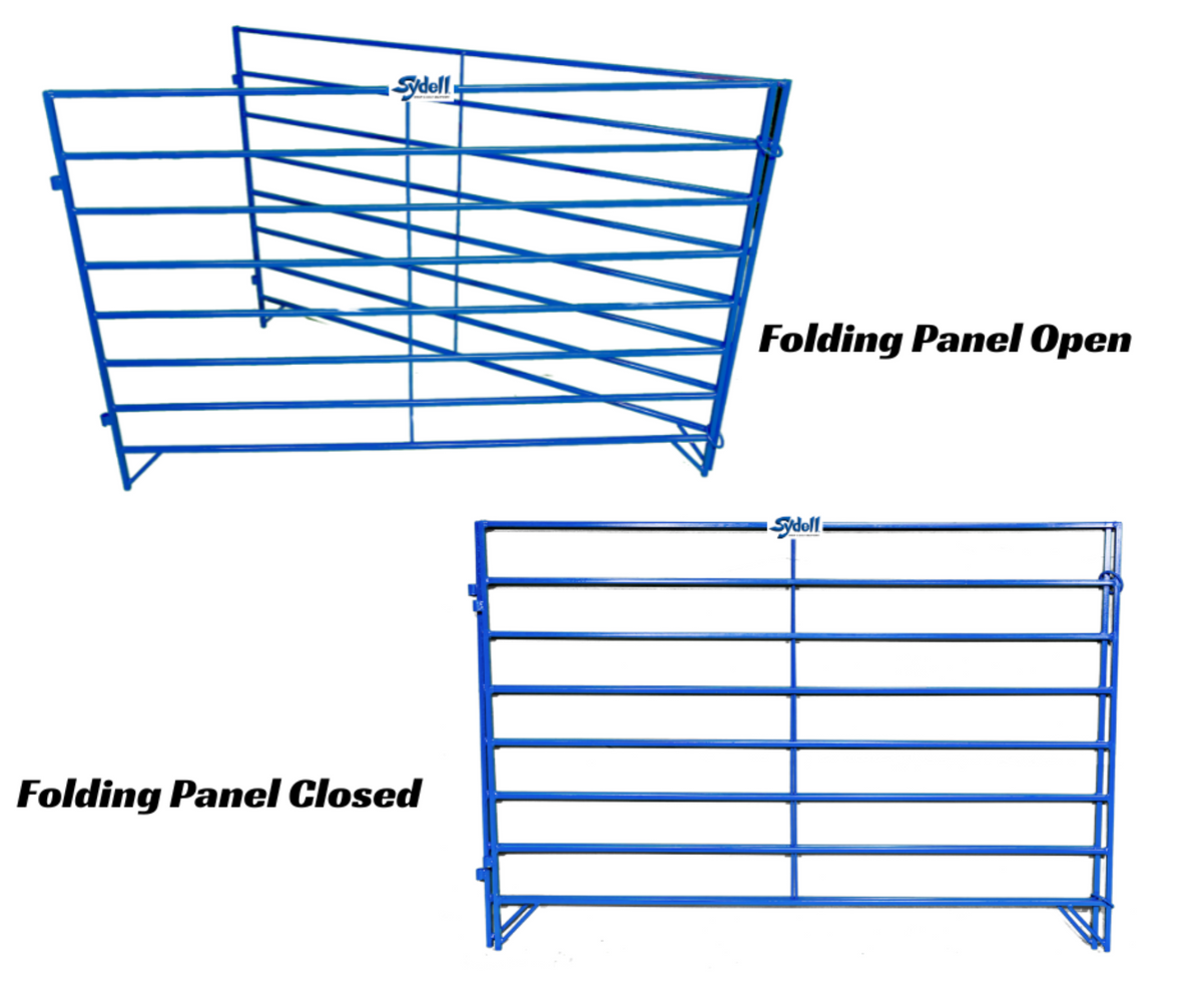 Blue metal folding panel gate shown in two configurations on a white background: 'Folding Panel Open' with the panel angled open at the top left, and 'Folding Panel Closed' with the panel fully folded flat. Small 'Shelf' brand markings are visible on the uprights.