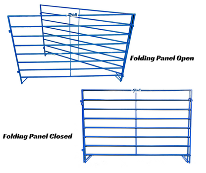 Blue metal folding panel gate shown in two configurations on a white background: 'Folding Panel Open' with the panel angled open at the top left, and 'Folding Panel Closed' with the panel fully folded flat. Small 'Shelf' brand markings are visible on the uprights.