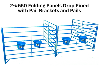 Blue metal folding pen panels with integrated blue hanging water buckets, shown on a white background with black text at the top reading '2-#650 Folding Panels Drop Pined with Pail Brackets and Pails'.