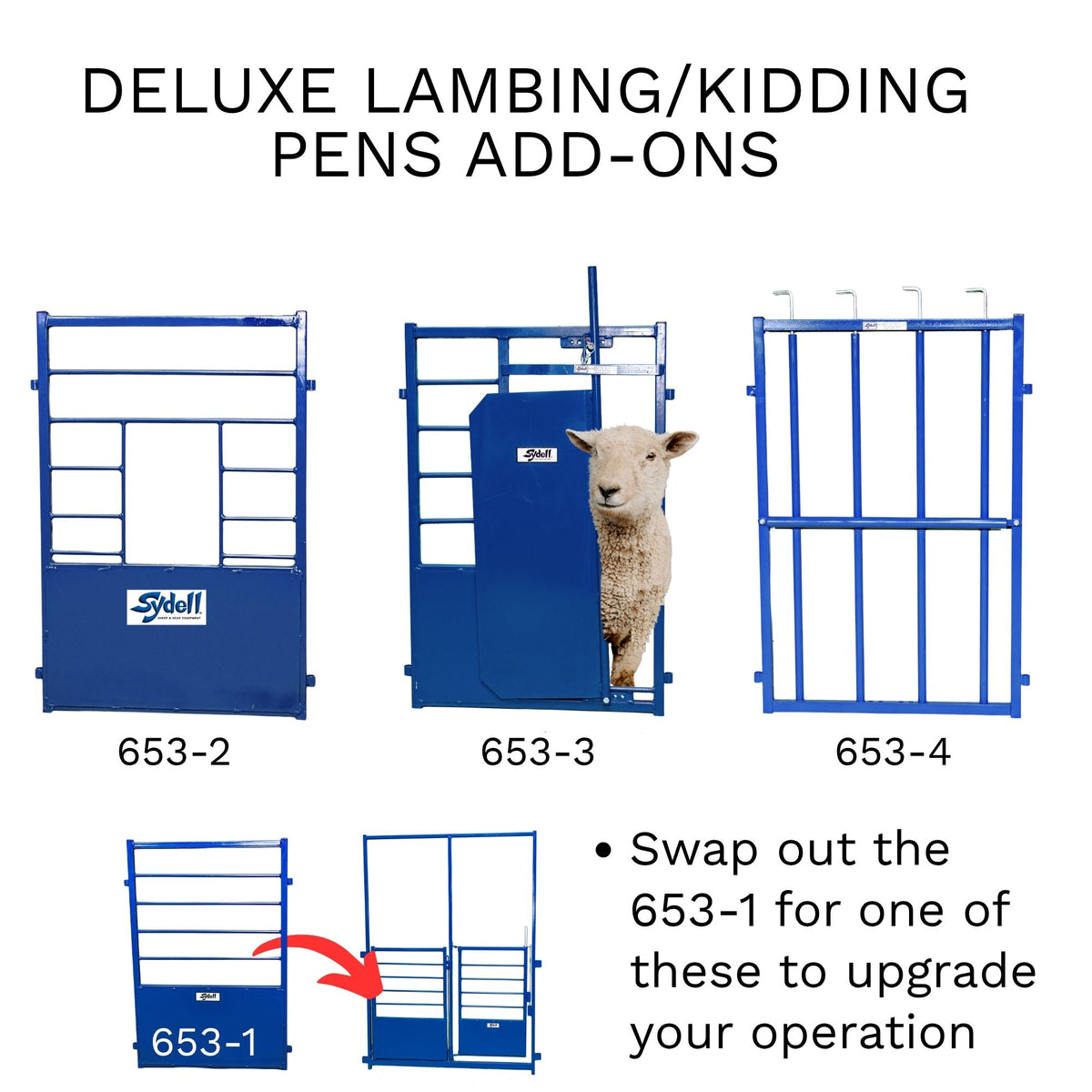 Blue metal lambing and kidding pen add-ons shown on a white background, with text reading 'DELUXE LAMBING/KIDDING PENS ADD-ONS' and model numbers 653-1 through 653-4. A sheep is pictured behind one of the gates, and an arrow indicates swapping out the older 653-1 gate for one of the newer options.