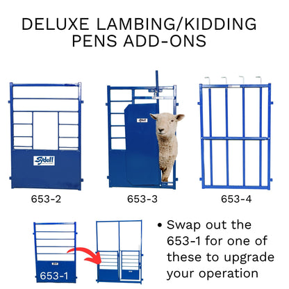 Blue metal lambing and kidding pen add-ons shown on a white background, with text reading 'DELUXE LAMBING/KIDDING PENS ADD-ONS' and model numbers 653-1 through 653-4. A sheep is pictured behind one of the gates, and an arrow indicates swapping out the older 653-1 gate for one of the newer options.