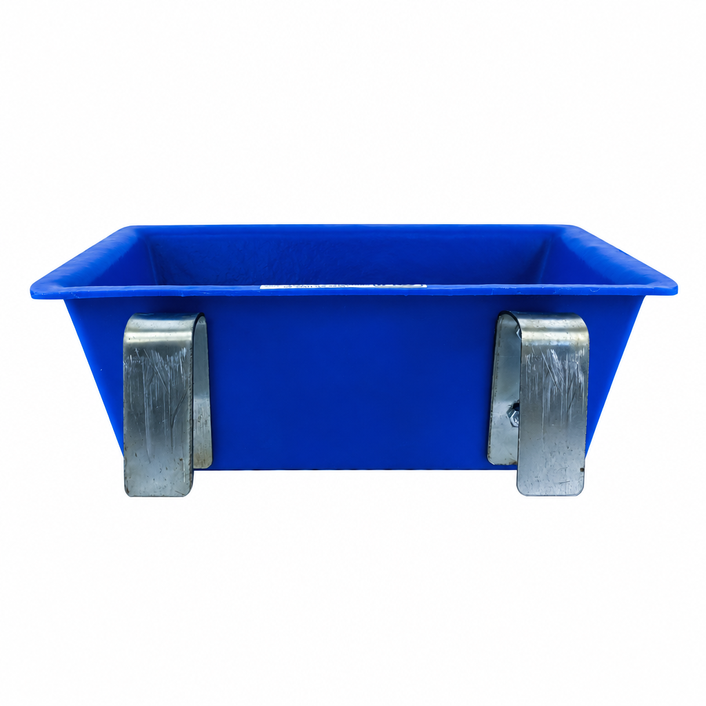 Sydell #1021 1-Foot Poly Trough Feeder for Sheep and Goats - Back View with Steel Panel Hooks - Made in USA by Sydell